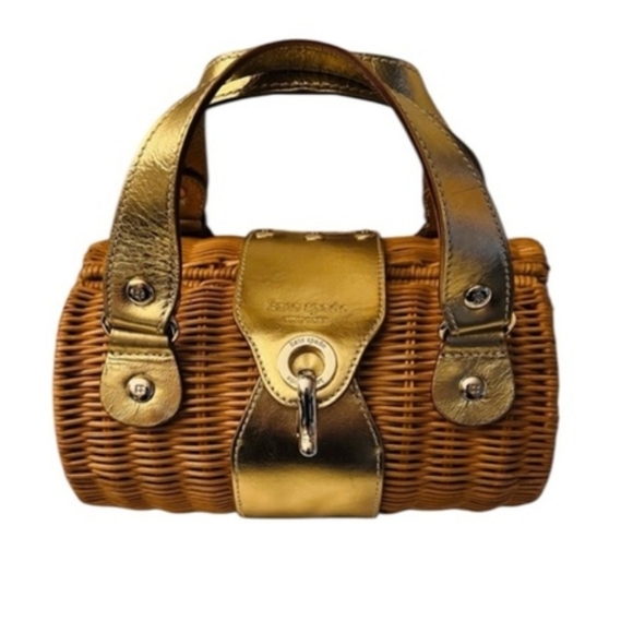 Vintage Kate Spade Woven Barrel Handbag - Gold And Tan - Picture 3 of 7
